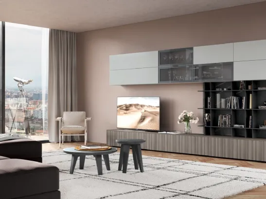 Tavolino rotondo in gres lucido stone grey e base in laccato opaco grigio antracite Newman di Febal