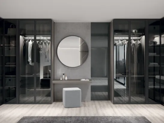 Cabina Armadio in Eucalipto argento con anta battente in metallo Carbon grey e vetro Ombra fumé Aurora di Febal