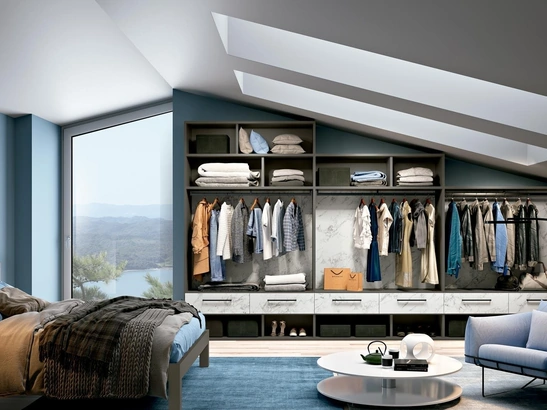 Cabina Armadio mansardata in melaminico e materico effetto marmo di Carrara Look 13 di Ferrimobili