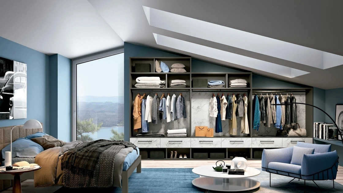 Cabina Armadio mansardata in melaminico e materico effetto marmo di Carrara Look 13 di Ferrimobili