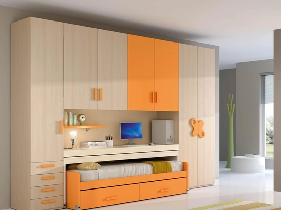 Cameretta per Ragazzi 606 salvaspazio con armadio a ponte e letto estraibile da sotto la scrivania di Ferrimobili