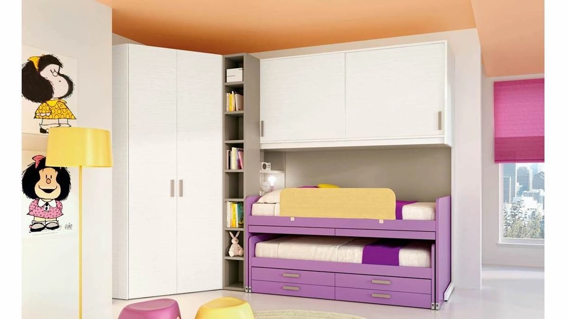 Cameretta 622 a ponte con armadio angolare e secondo letto estraibile di Ferrimobili