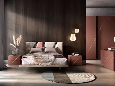 Letto in legno con testiera con elementi in pelle imbottita L01 Altair Pad e Alfa di Mercantini