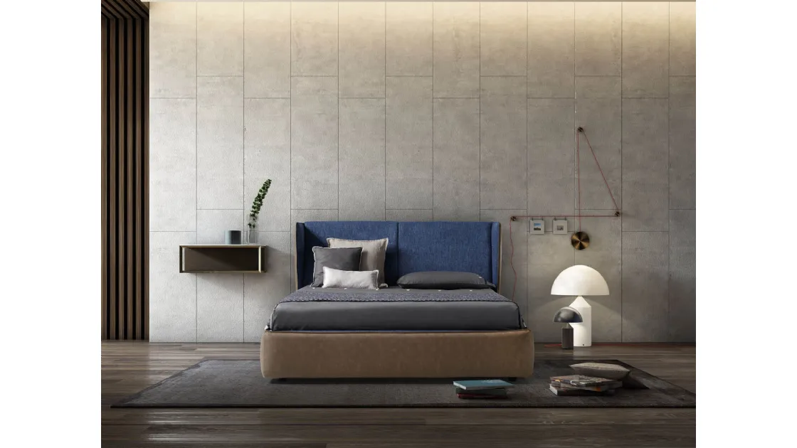 Letto di design con doppio rivestimento in pelle e tessuto e box contenitore Relax di Novaluna