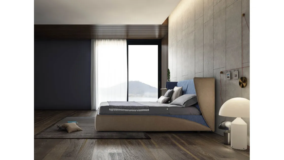 Letto di design con doppio rivestimento in pelle e tessuto e box contenitore Relax di Novaluna
