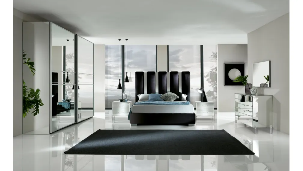 Letto imbottito Fantasy Luxury con testiera in velluto e specchio molato di Mobil Più