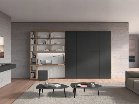 Libreria a muro in laccato opaco Grigio fango con scrivania e ripiani in nobilitato Noce gold Trenta 04 di Febal