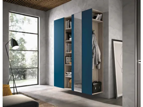 Mobile ingresso Mini 308 in laccato blu opaco, rovere cenere e specchio argento di Artigianmobili