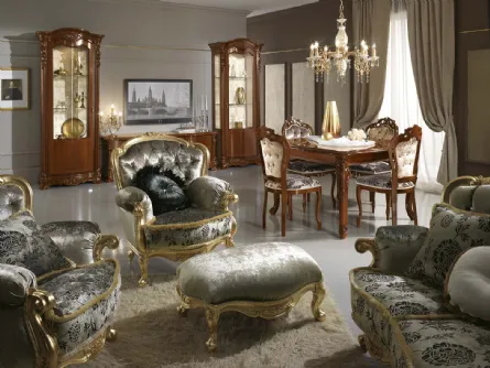 Poltrona classica in tessuto e legno intarsiato Regina Foglia oro di Mobil Più