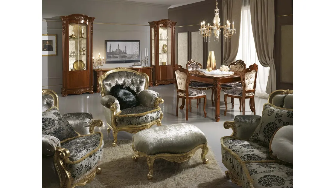 Poltrona classica in tessuto e legno intarsiato Regina Foglia oro di Mobil Più