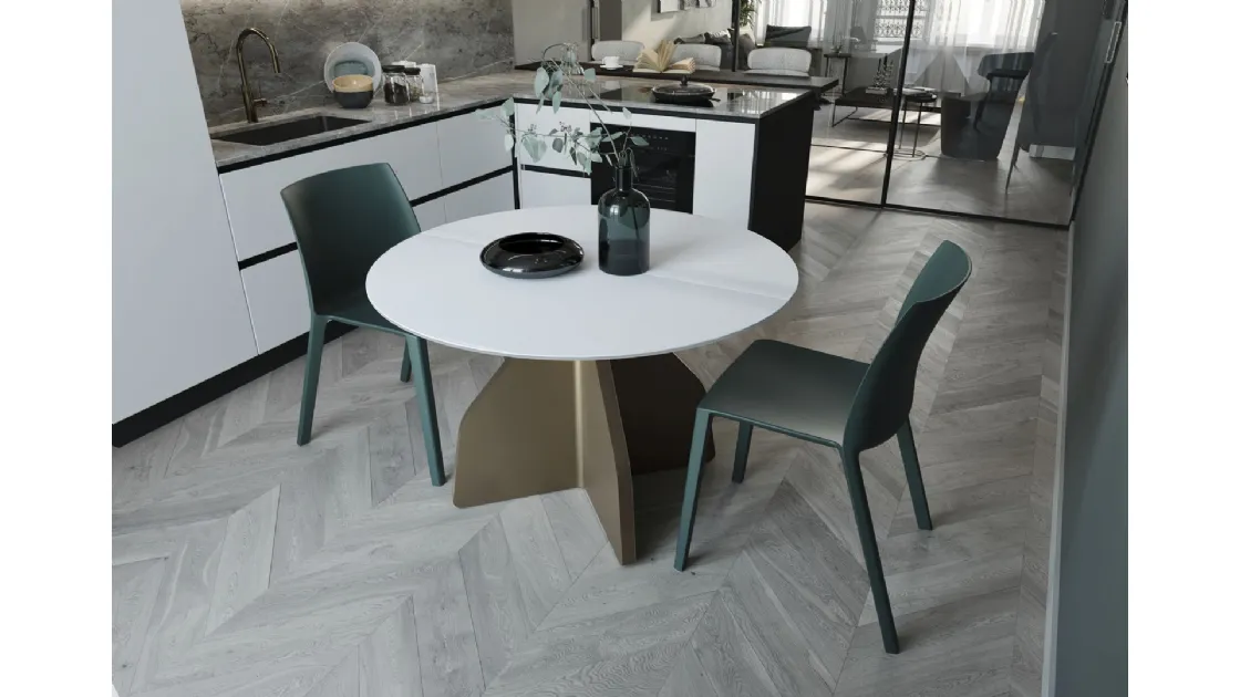 Tavolo rotondo Wing con piano in ceramica bianco con struttura bronzo di Zamagna