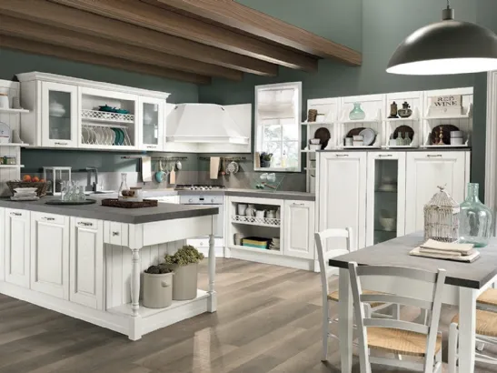 Cucina Classica con penisola Opera 01 in legno naturale Bianco di Colombini Casa Artec
