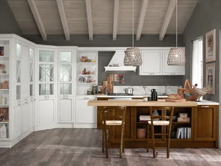 Cucina Classica ad angolo in laccato Bianco anticato con penisola in legno Siena scuro Sinfonia 03 di Colombini Casa Artec