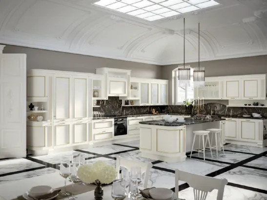 Cucina Classica angolare con isola in laccato bianco opaco e top in marmo Romantica 05 di Febal
