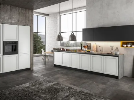 Cucina Classica lineare in Pet opaco Bianco, pensili in laccato Nero e top in laminato Grigio Frame di Arredo3