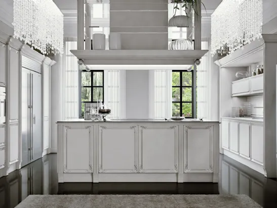 Cucina Design con isola in legno laccato bianco con decori in foglia argento Nuvola di Busatto