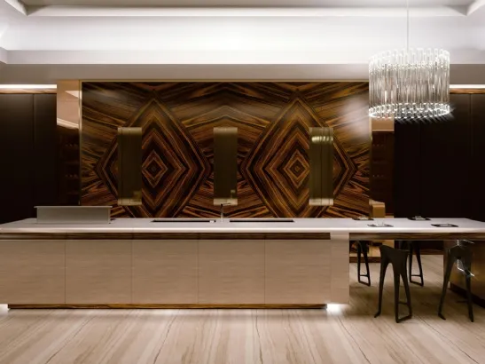 Cucina Design lineare in legni pregiati accostati ad elementi in metallo Park Avenue di Busatto
