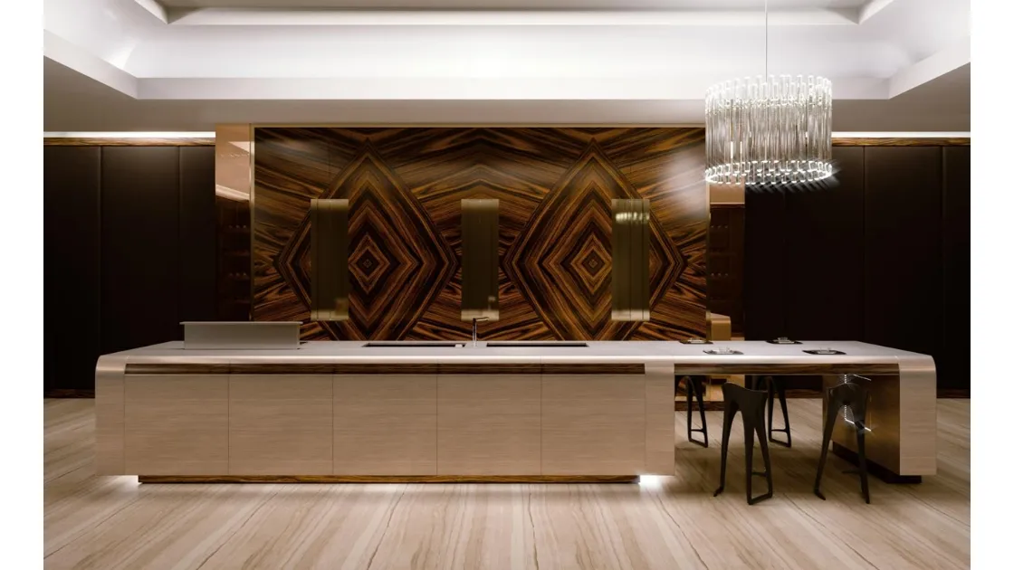 Cucina Design lineare in legni pregiati accostati ad elementi in metallo Park Avenue di Busatto
