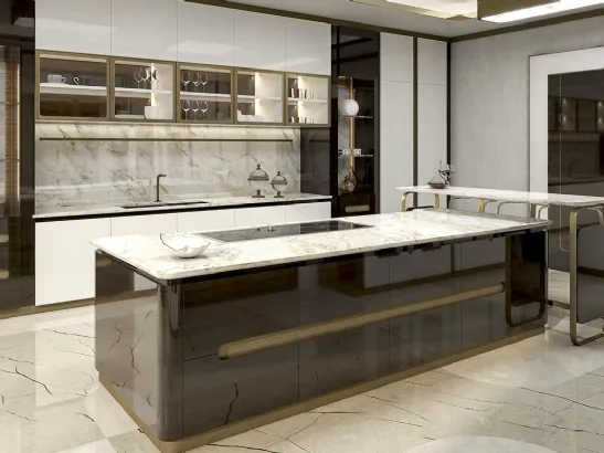 Cucina Design con isola in legno e metallo con top in marmo Trocadèro di Busatto
