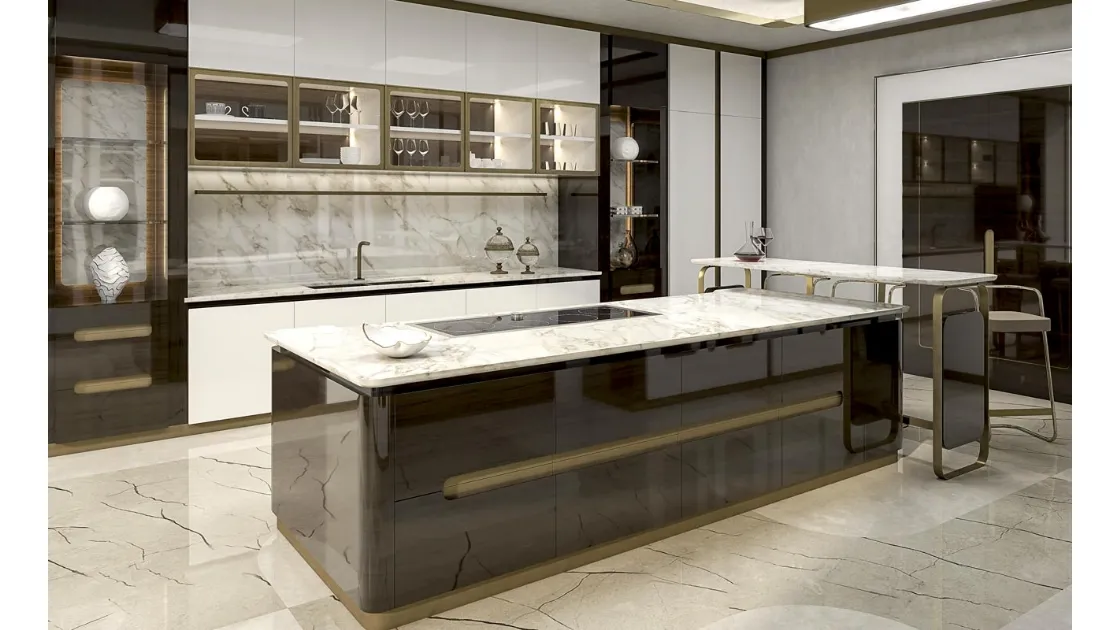 Cucina Design con isola in legno e metallo con top in marmo Trocadèro di Busatto