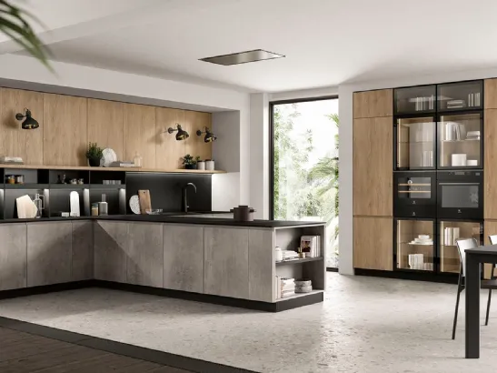 Cucina Moderna con penisola Pura 01 in nobilitato finitura Cemento e Royal Oak di Colombini Casa Artec