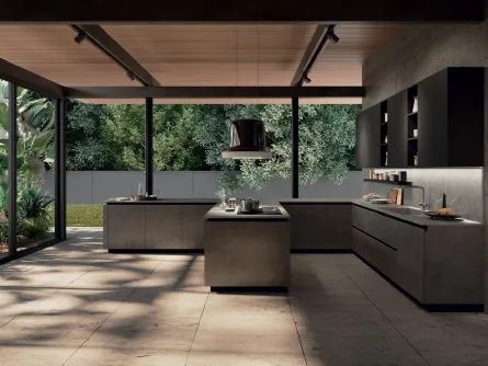 Cucina Moderna angolare in nobilitato effetto cemento Ego Line 01 di Febal