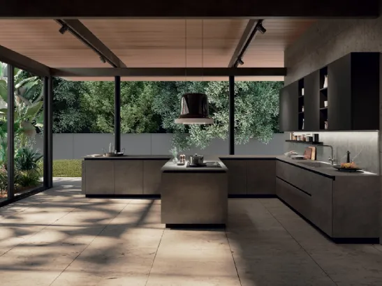 Cucina Moderna angolare in nobilitato effetto cemento Ego Line 01 di Febal