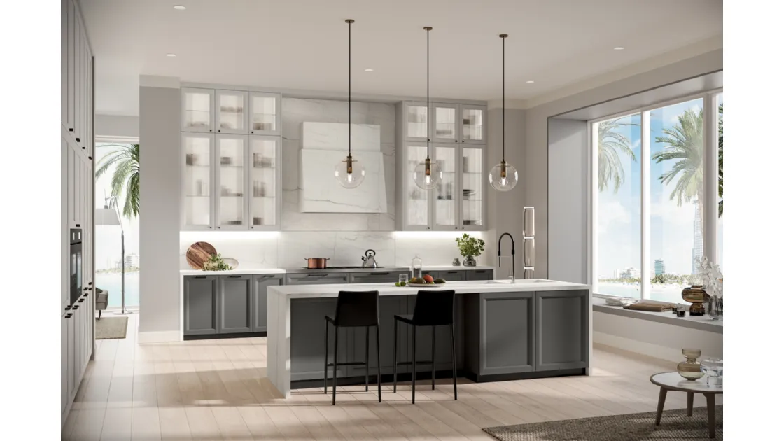 Cucina Moderna con isola in laccato opaco antracite e bianco con top e rivestimento in Neolith effetto marmo Class di Febal
