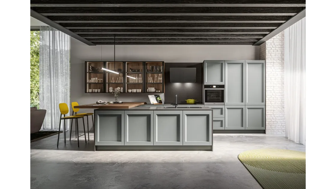 Cucina Moderna con isola in laccato poro aperto Grigio perla e penisola in finitura Rovere safari Frida Modern di Arredo3