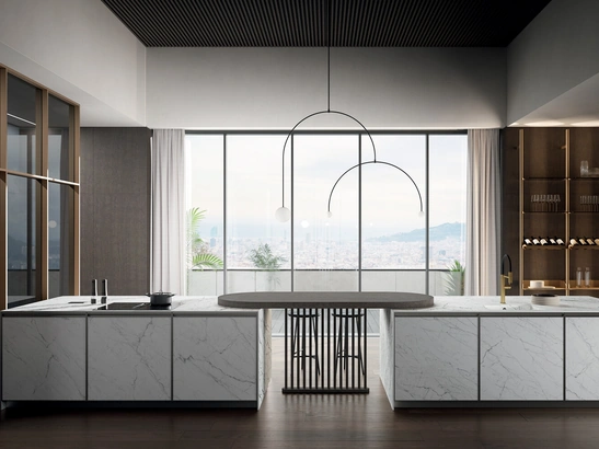 Cucina Moderna in laminam statuarietto con penisola Kronos di Arredo3