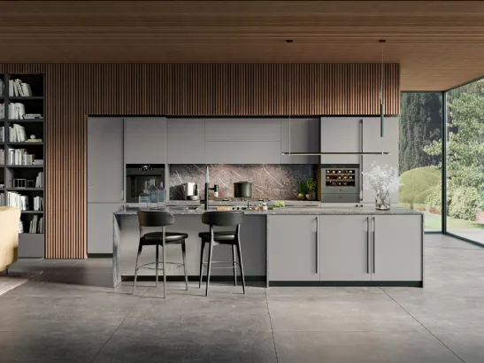 Cucina Moderna con isola in laccato opaco grigio malta Modula 02 di Febal