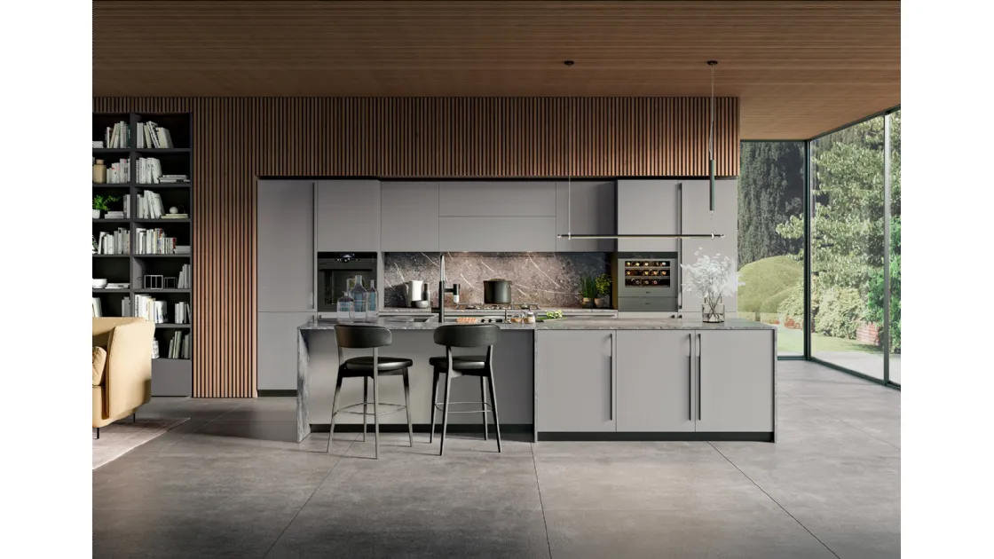 Cucina Moderna con isola in laccato opaco grigio malta Modula 02 di Febal
