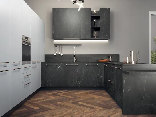 Cucina Moderna angolare in laccato bianco opaco e laminato effetto marmo Modula 03 di Febal
