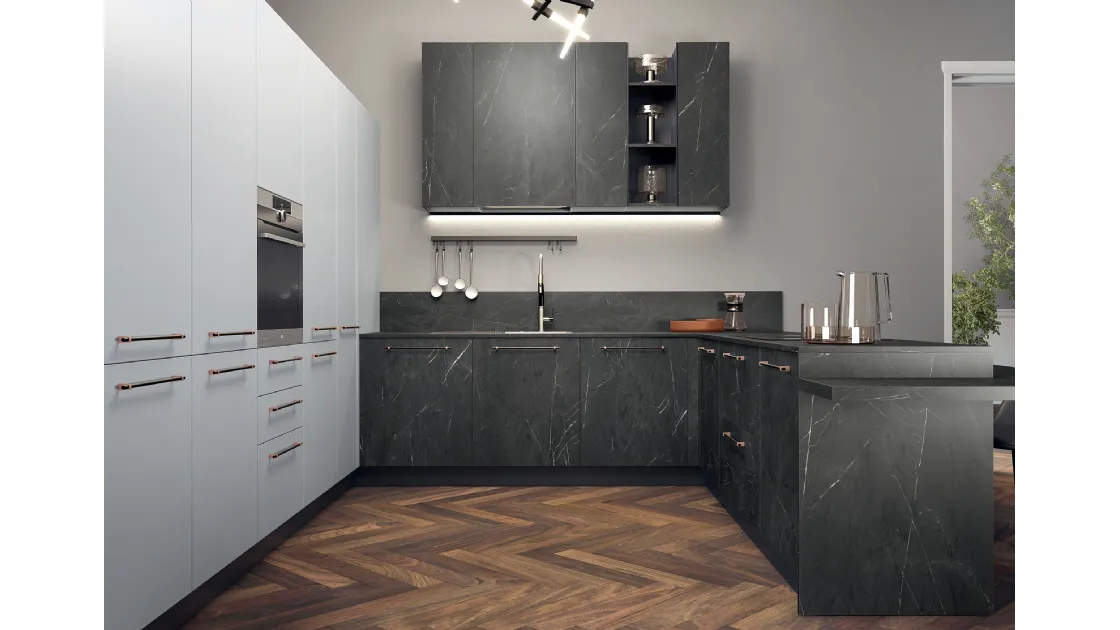 Cucina Moderna angolare in laccato bianco opaco e laminato effetto marmo Modula 03 di Febal