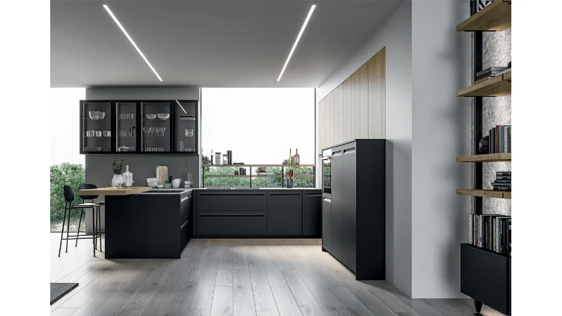 Cucina Moderna angolare Tekna in polimerico Nero opaco e laminato Rovere biondo di Arredo3