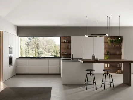 Cucina Moderna angolare laccato opaco Nebbia con penisola in Eucalipto Noce Time di Arredo3