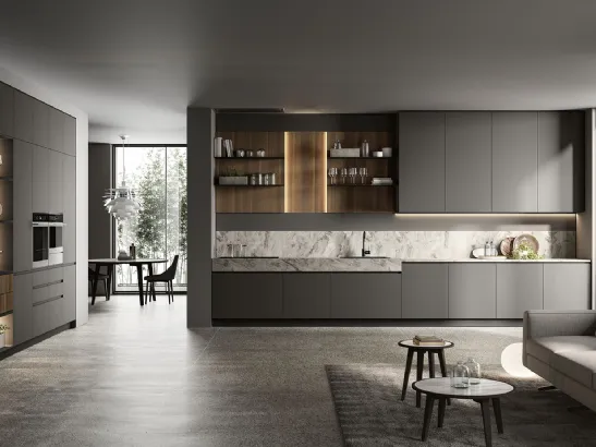 Cucina Moderna lineare in laccato opaco con top effetto marmo Traccia 02 di Febal