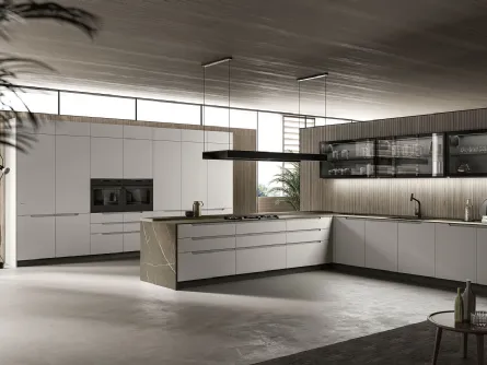 Cucina Moderna angolare in laccato bianco opaco e top in HPL effetto marmo Traccia 01 di Febal