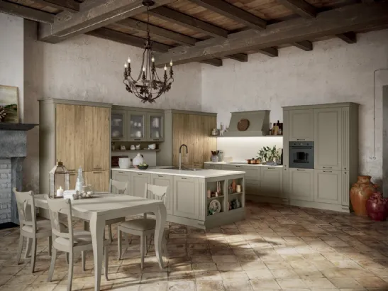 Cucina Shabby Chic angolare con isola in laccato opaco e legno Romantica 04 di Febal