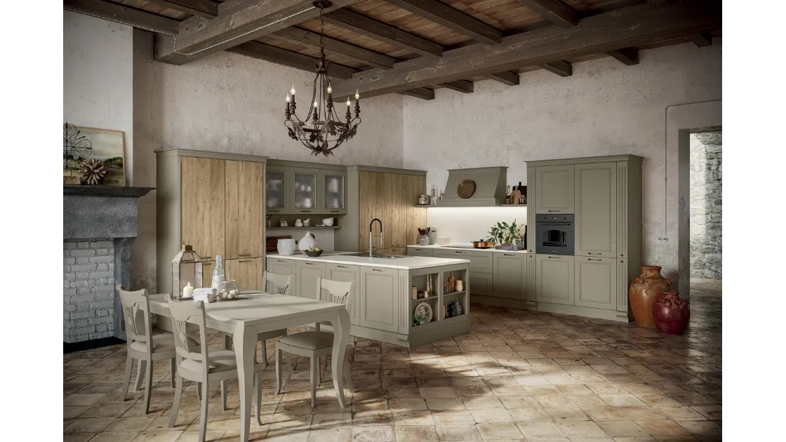 Cucina Shabby Chic angolare con isola in laccato opaco e legno Romantica 04 di Febal