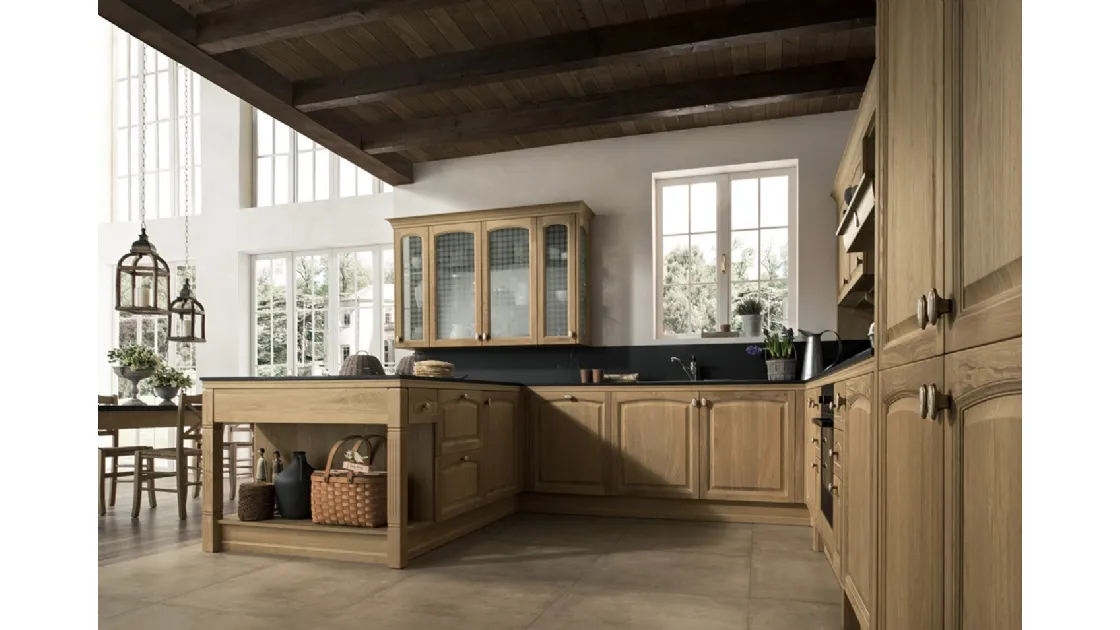 Cucina angolare su misura in legno naturale e vetrine serigrafate Gala 02 di Febal