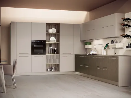 Cucina su misura angolare in laccato opaco e nobilitato effetto legno Modula 05 di Febal